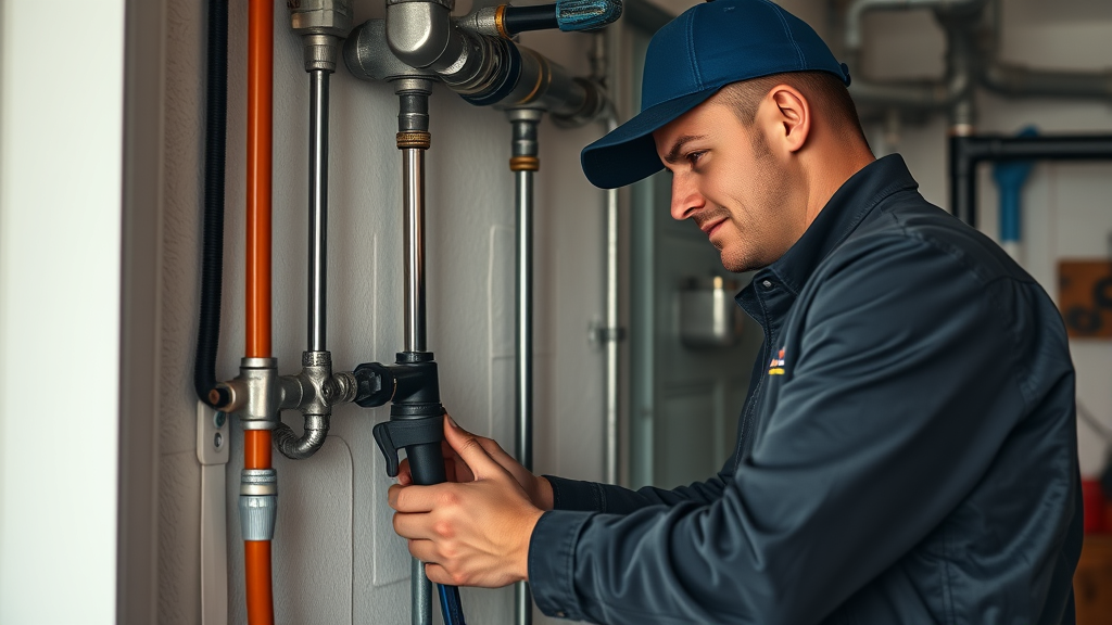 Plumber working on pipe repair inside a home.