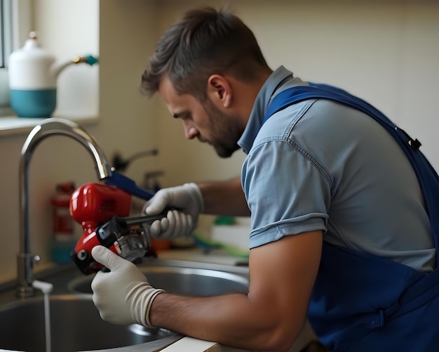 Plumber clearing a clogged kitchen sink drain with drain cleaning equipment.