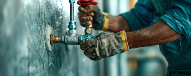 Plumber repairing a wall-mounted pipe connection during pipe repair service.