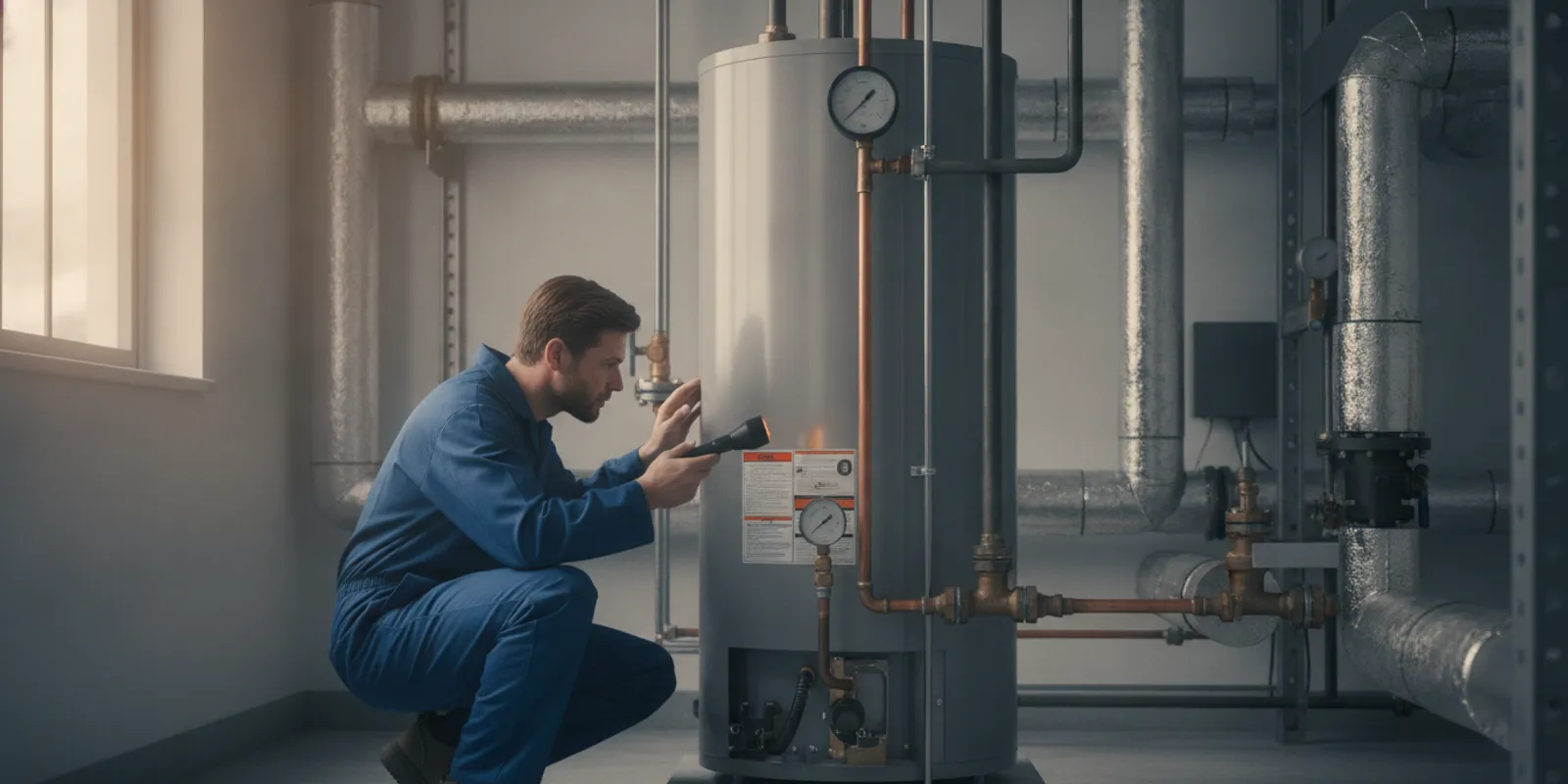 Plumber inspecting a commercial water heater in a business utility room