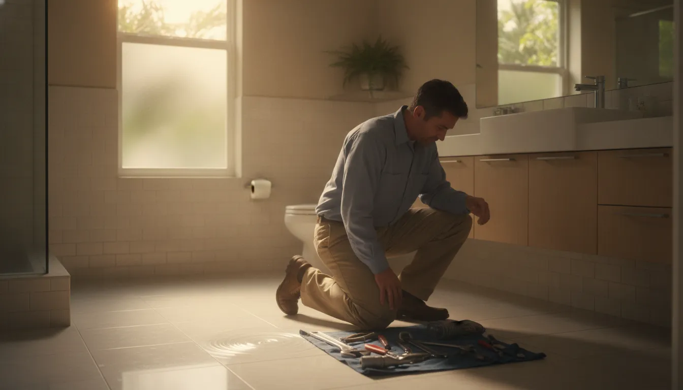 Plumber inspecting a slow bathroom sink drain in a Palm Beach Gardens home