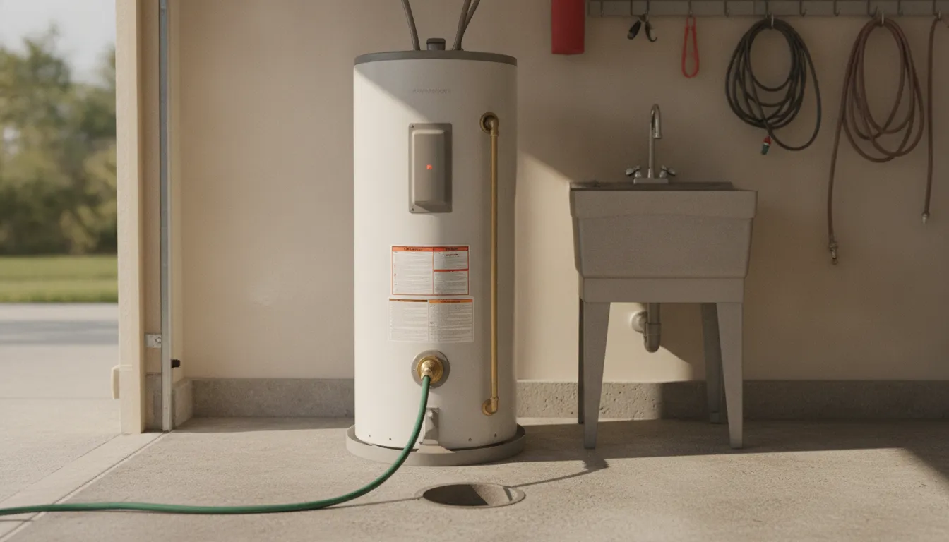 Garden hose attached to the drain valve of a residential tank water heater