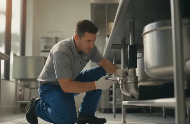 Plumber inspecting commercial plumbing equipment in a Delray Beach business