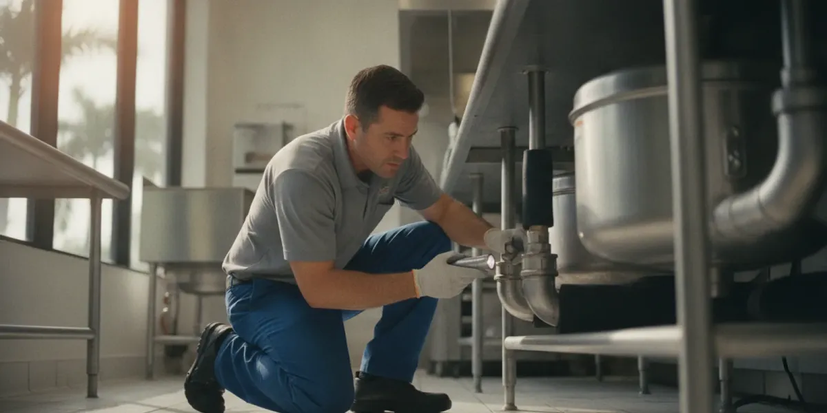 Plumber inspecting commercial plumbing equipment in a Delray Beach business