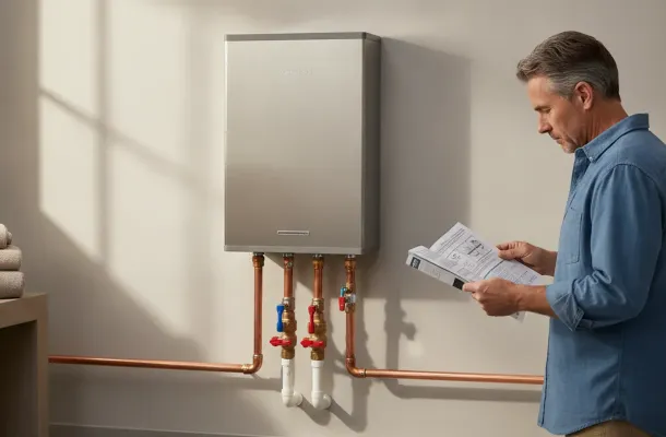 Homeowner checking the service connections on a wall-mounted tankless water heater