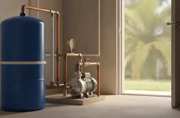 Blue pressure tank and above-ground well pump in a South Florida utility room with palm trees outside