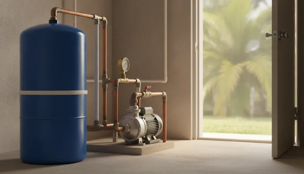 Blue pressure tank and above-ground well pump in a South Florida utility room with palm trees outside