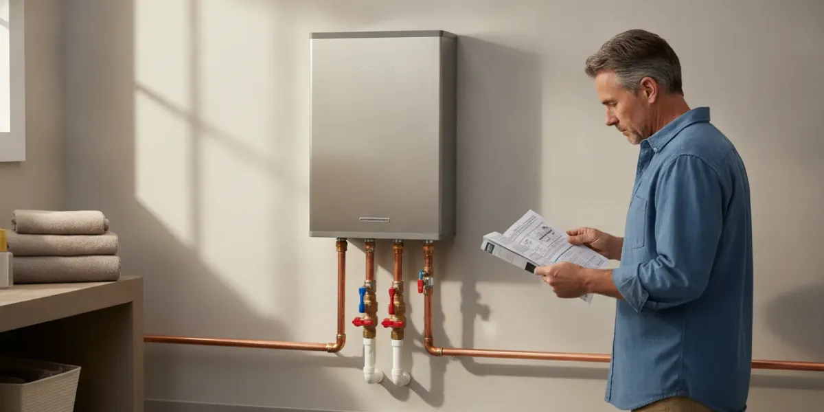 Homeowner checking the service connections on a wall-mounted tankless water heater