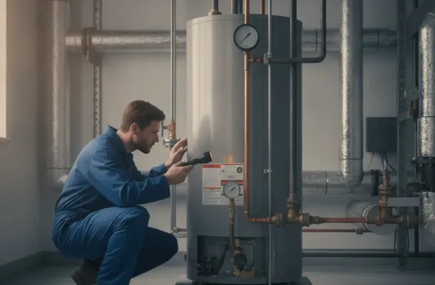 Plumber inspecting a commercial water heater in a business utility room